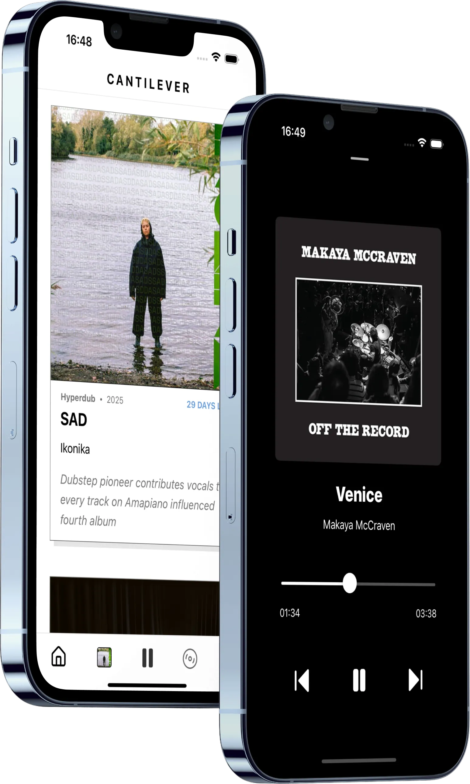 Two phones showing the Cantilever app: a curated album page and a full-screen now-playing view